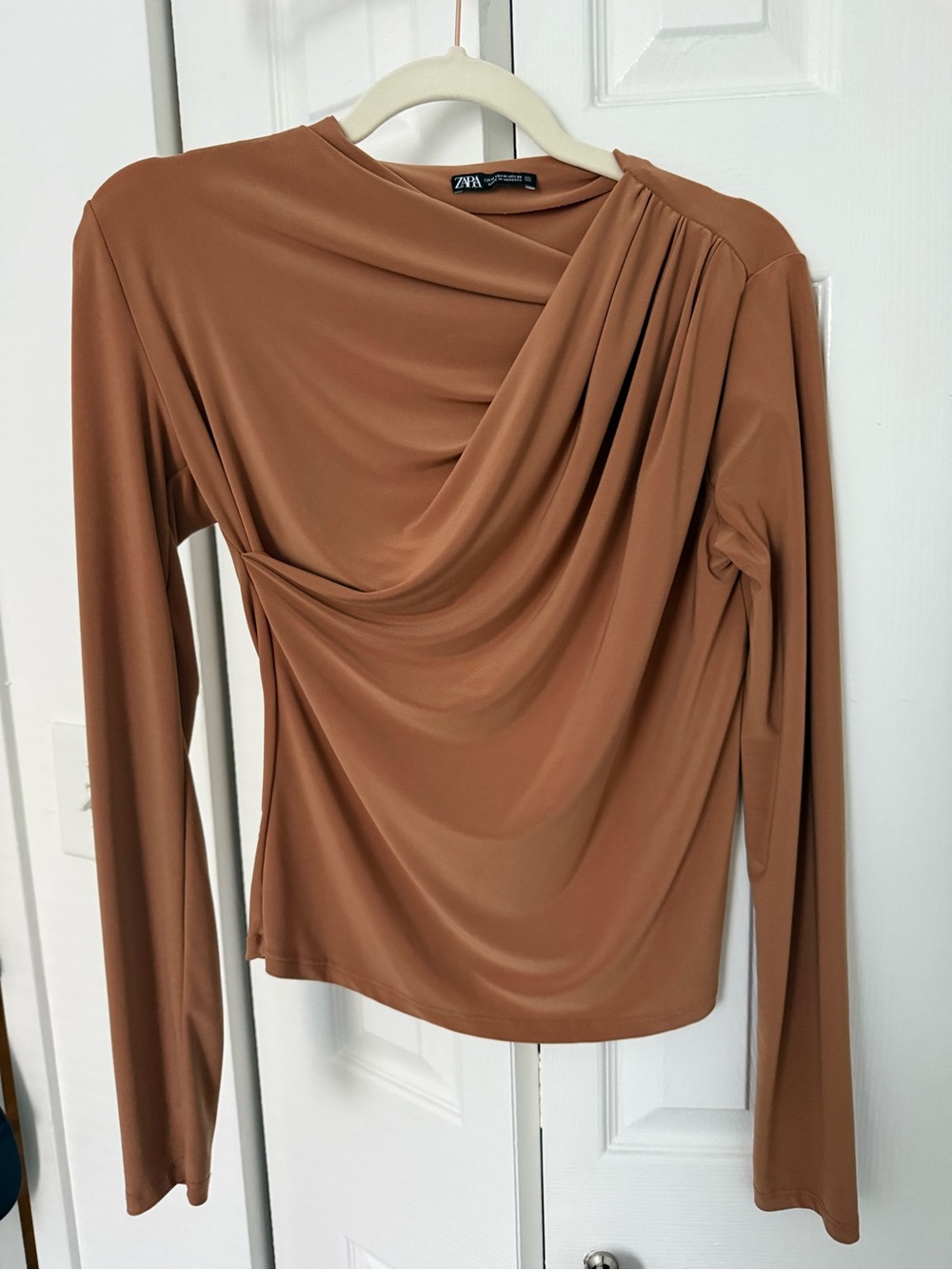 Zara Draped Long-Sleeve Top in Camel Brown